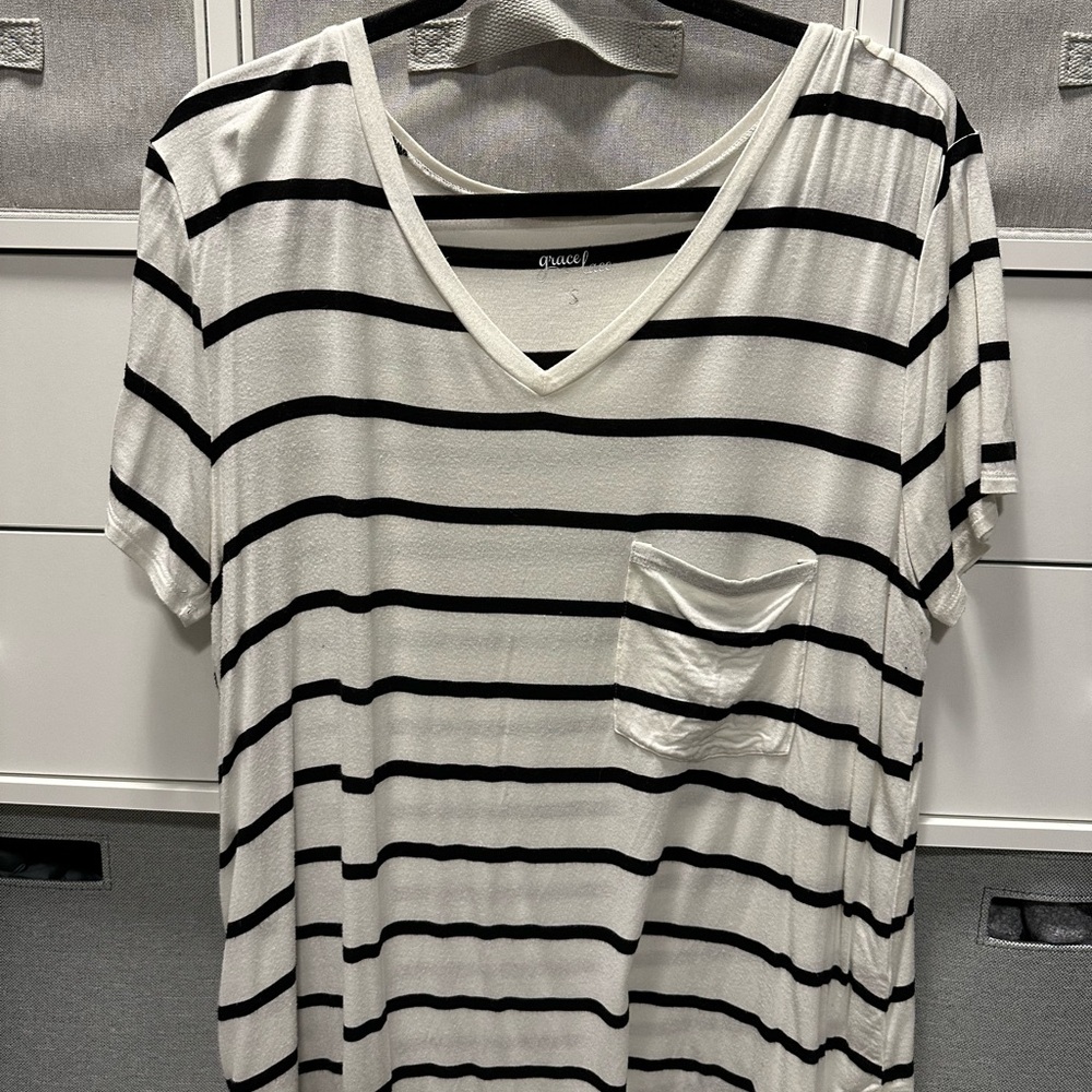 Grace & Lace Black and White Striped V-Neck Tee
